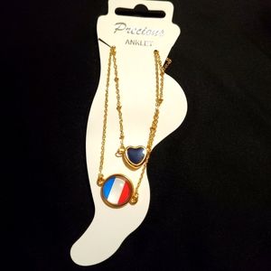 Ankle Bracelet Gold France Flag Heart Charms